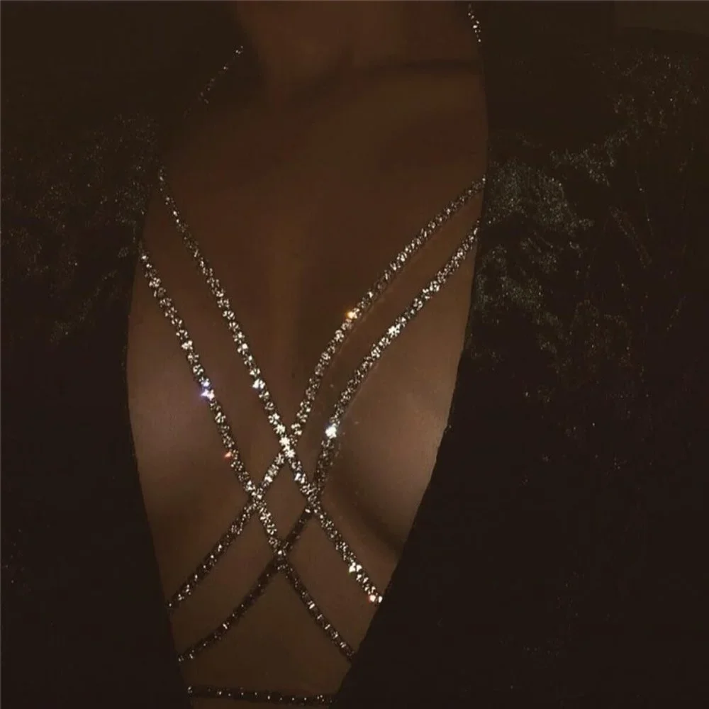 Double Criss Cross Sparkling Rhinestone Bust Body Harness Chain - Picture 4 of 6